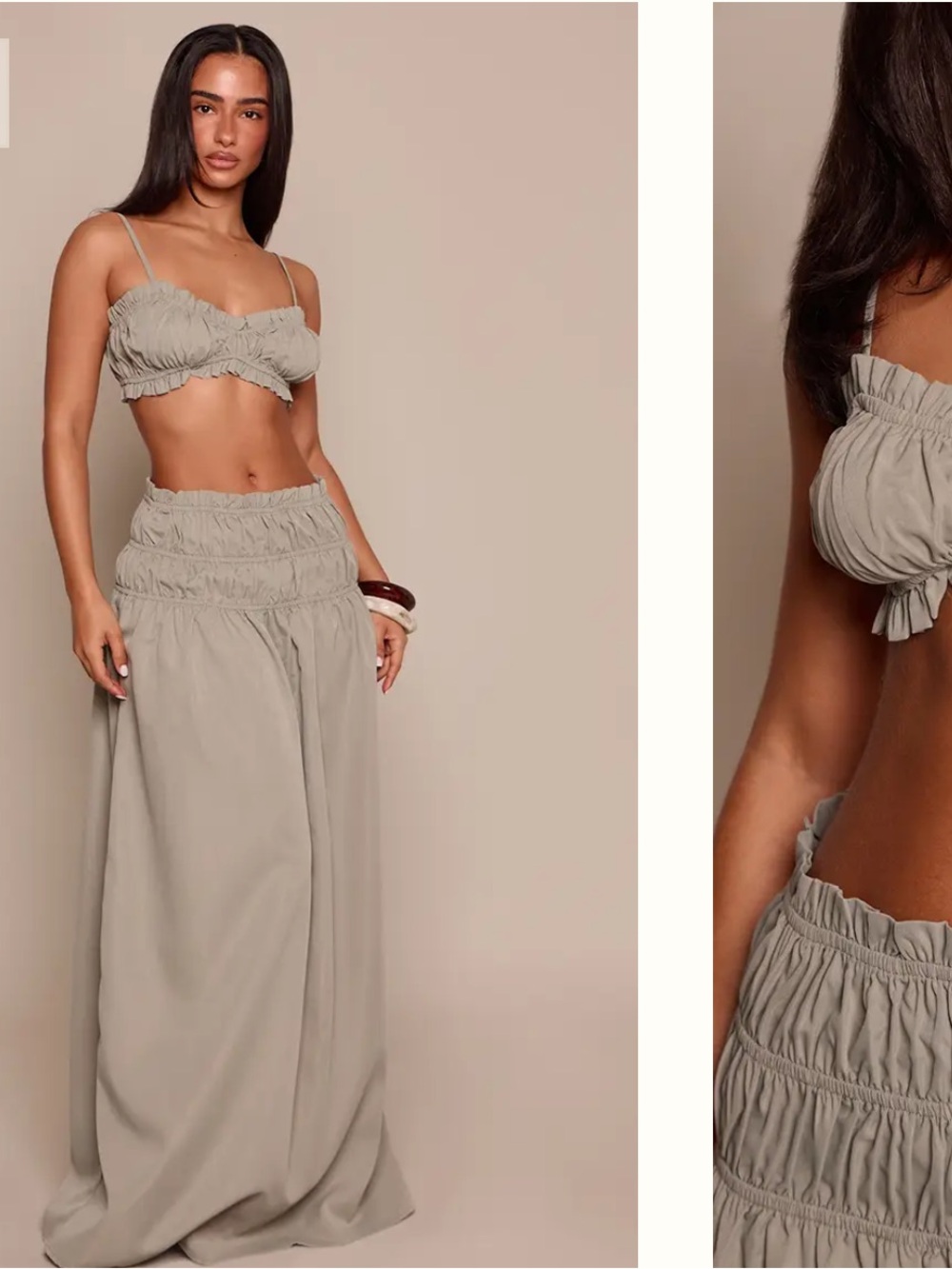 PrettyLittleThing Petite Taupe Smocked Maxi Skirt Set- Neutral Taupe